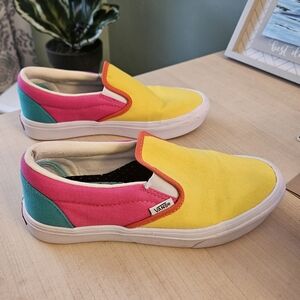 Custom Vans Slip-On Sneakers - Yellow, Pink, and Teal - Size 6.5